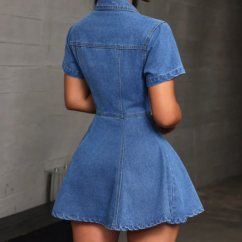 Blue Casual Women's Summer Short Sleeve Single-Breasted Short Denim Dress